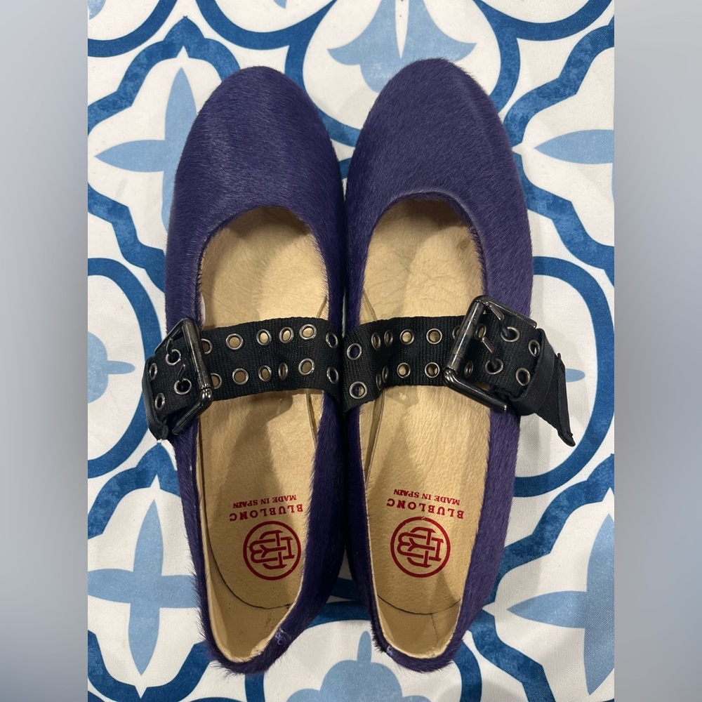 Purple “fur”  Flats with Black Buckle Straps